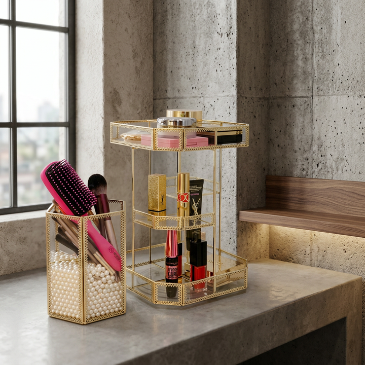 Organizador giratorio de vidrio dorado para tocador, almacena cosméticos y perfumes con estilo de lujo.
