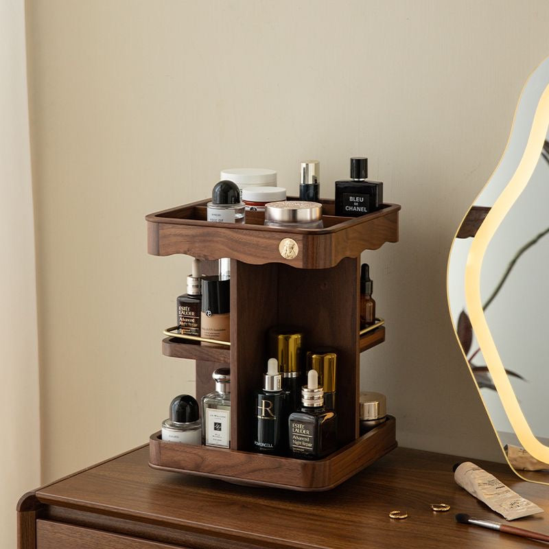 Almacenamiento vertical rotatorio de lujo para cosméticos, perfumes y cuidado personal en tocador.