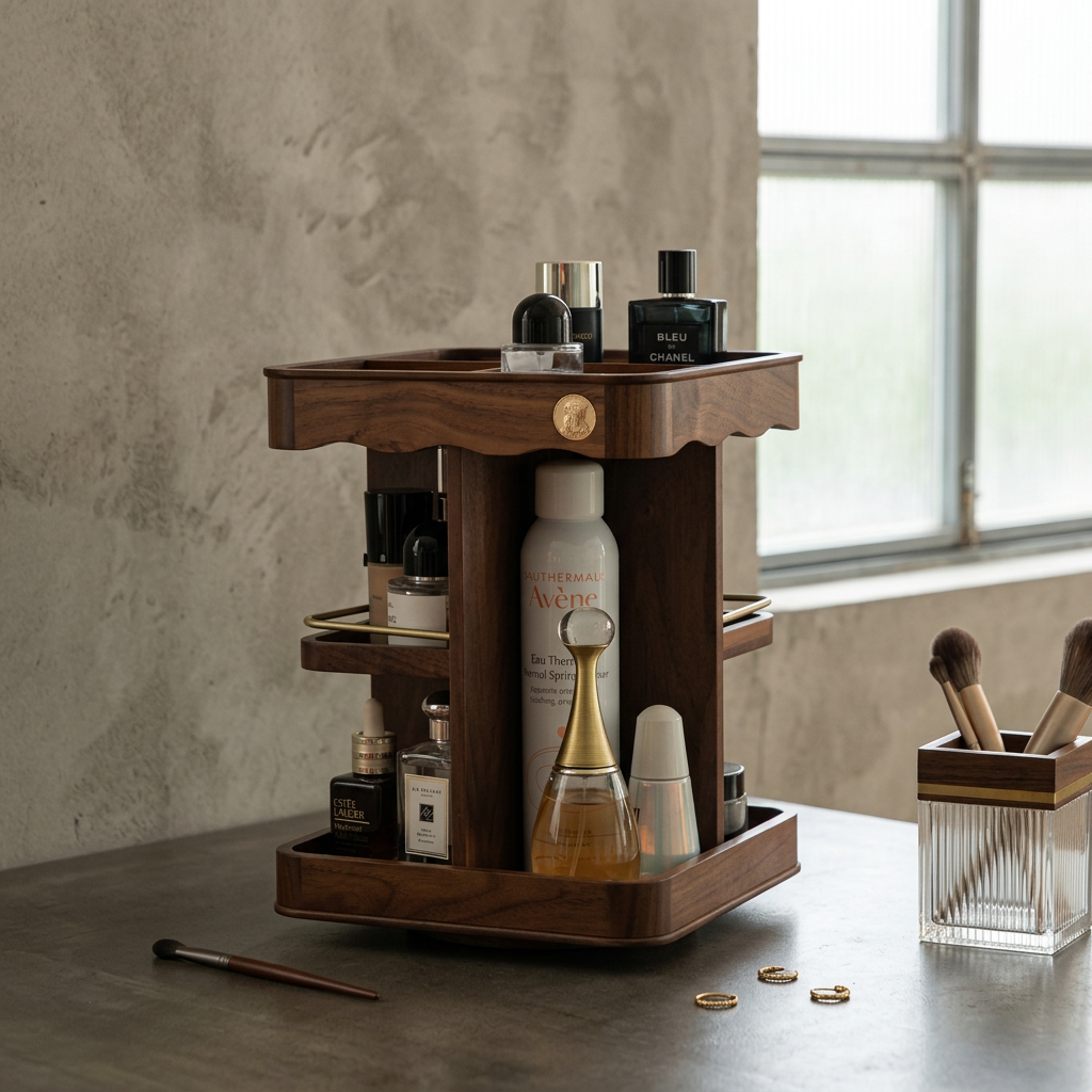 Organizador rotatorio de lujo para tocador, guarda cosméticos, maquillaje y accesorios de belleza.