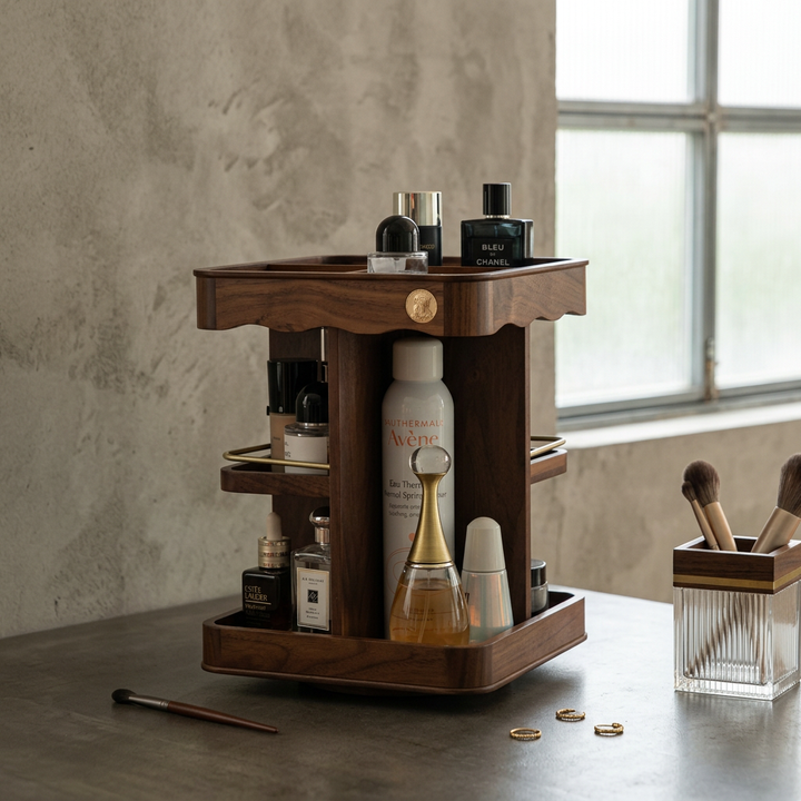 Organizador rotatorio de lujo para tocador, guarda cosméticos, maquillaje y accesorios de belleza.