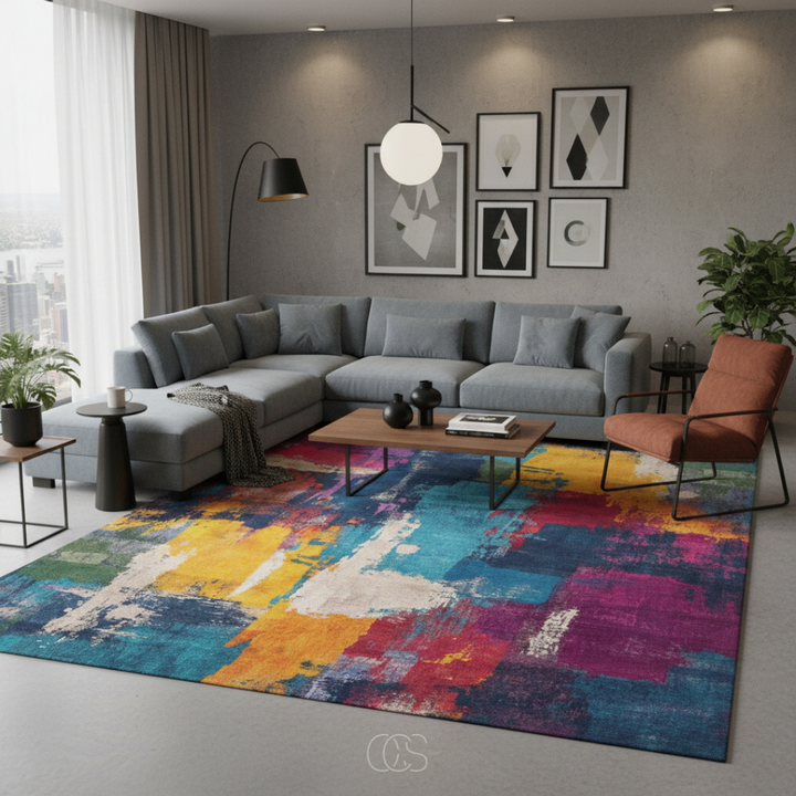 Alfombra abstracta multicolor de 200x230cm para decoración moderna de sala de estar y hogar.