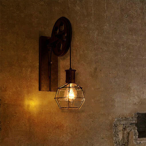 Aplique de pared moderno-industrial con polea, luminaria rústica de hierro E27 decorativa.