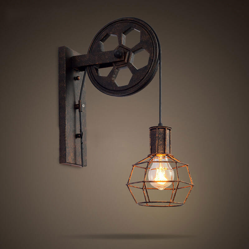 Aplique de pared con polea, lámpara industrial rústica de hierro E27, iluminación vintage hogar.