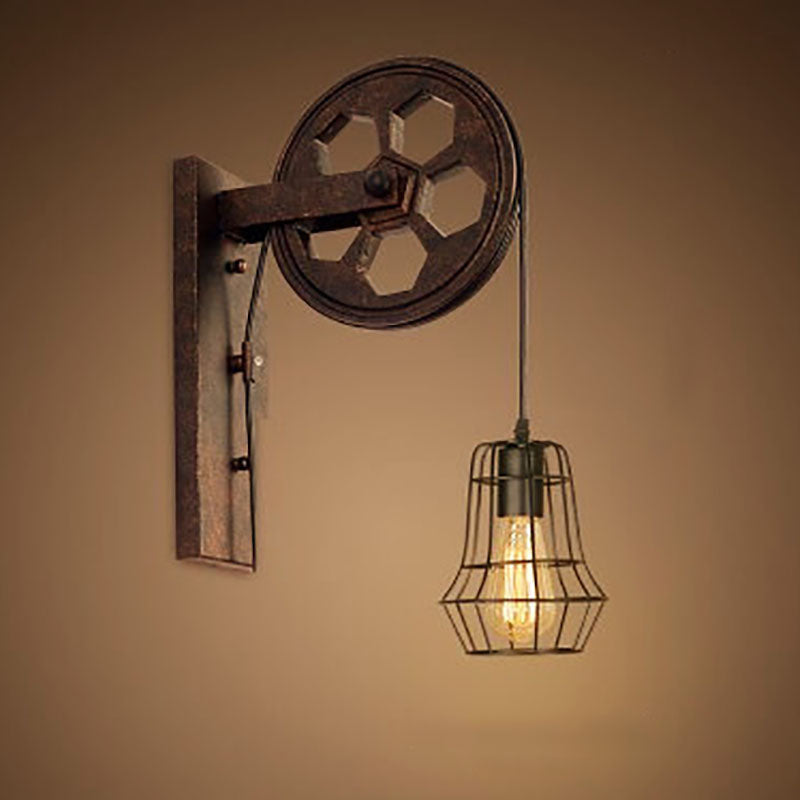 Aplique de pared rústico de hierro, lámpara industrial vintage con polea, ideal E27.