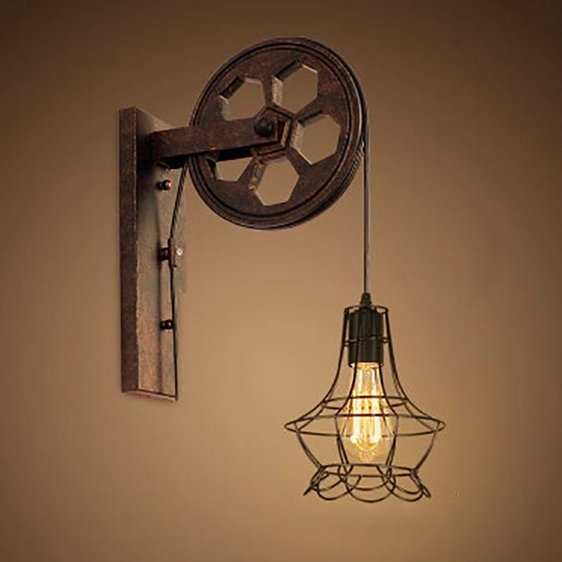 Decoración de hogar: aplique de pared industrial rústico de hierro con polea, luz E27 vintage.