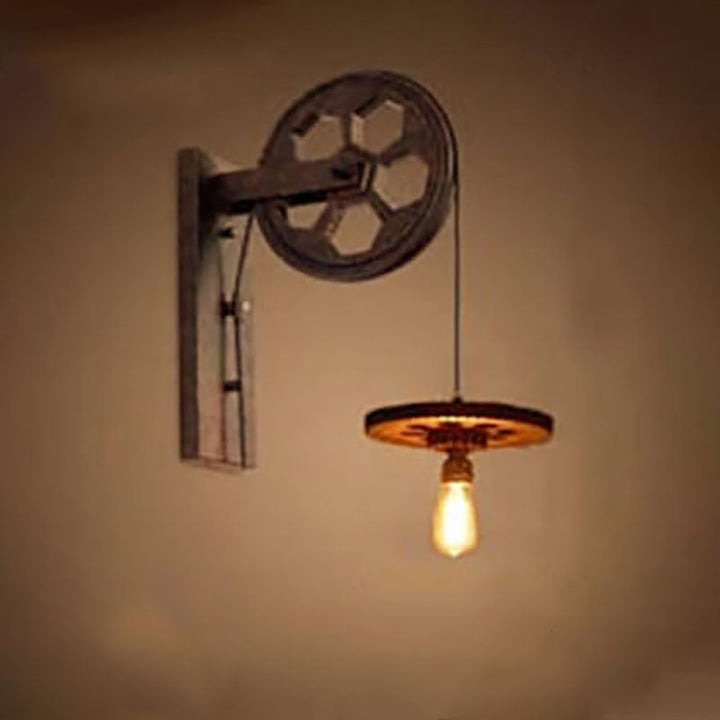Aplique de pared industrial rústico, luminaria de hierro E27, luz decorativa con polea para hogar.