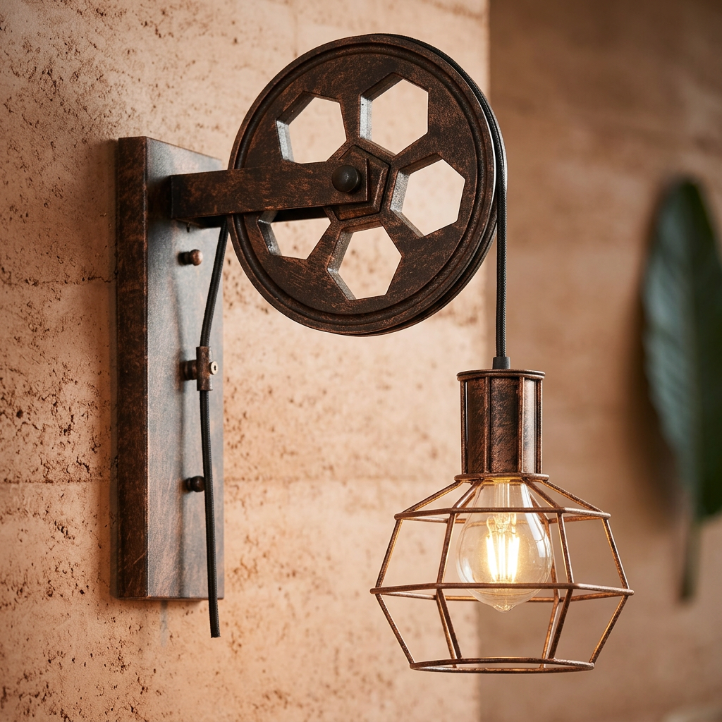 Lámpara de pared industrial rústica con polea, luminaria E27 de hierro para iluminación hogar.