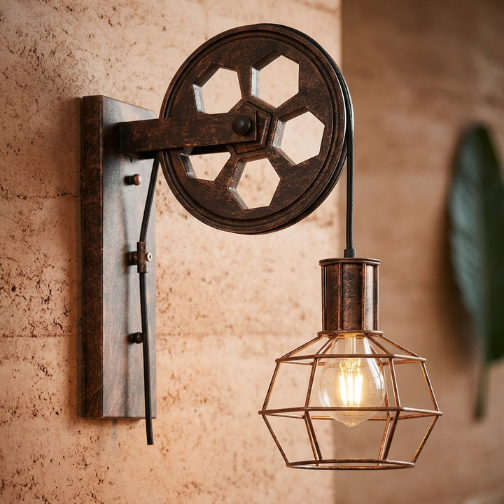 Lámpara de pared industrial rústica con polea, luminaria E27 de hierro para iluminación hogar.
