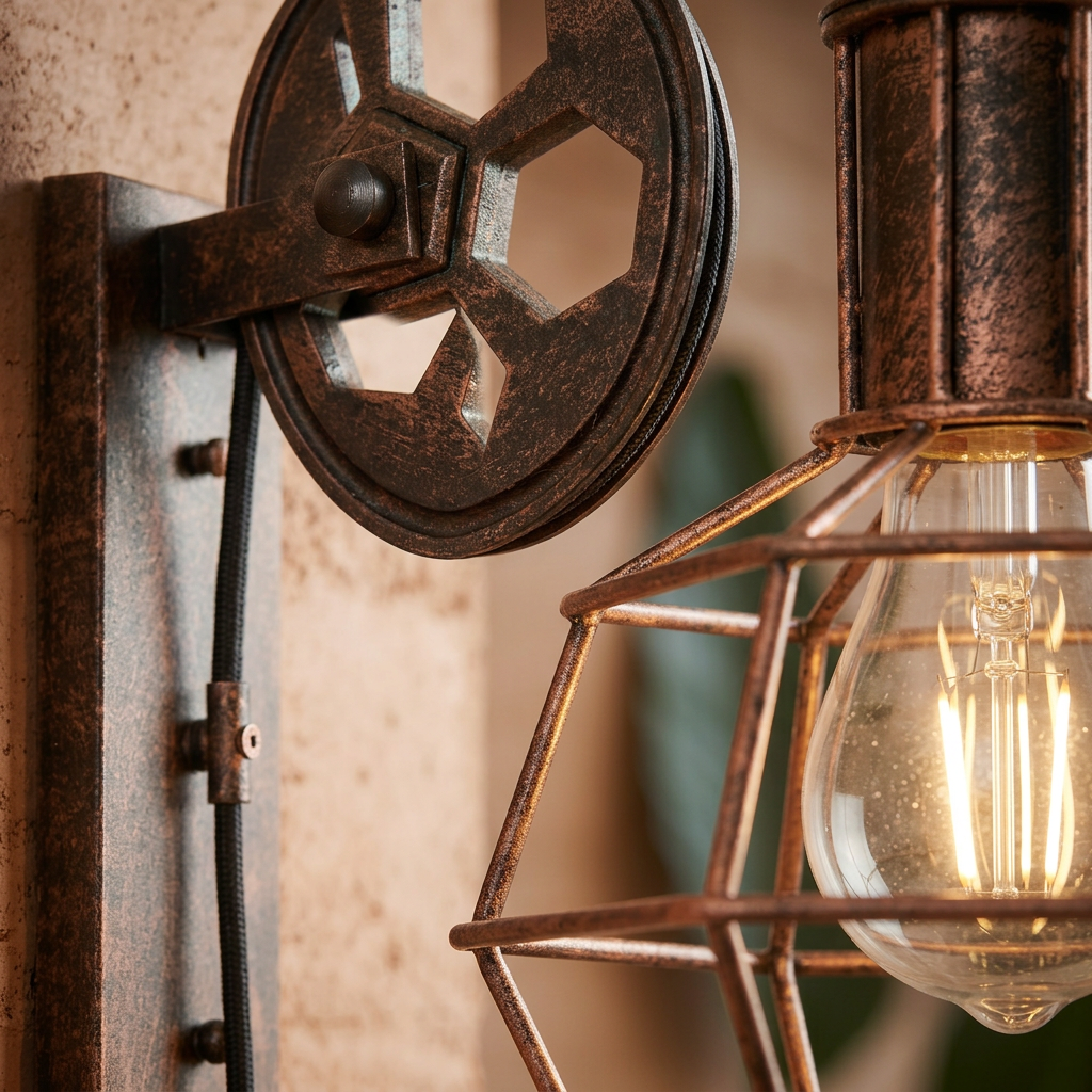Iluminación rústica de pared con polea de hierro y estilo industrial, aplique decorativo vintage.