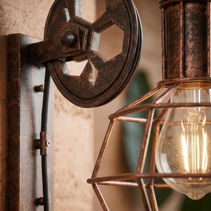 Iluminación rústica de pared con polea de hierro y estilo industrial, aplique decorativo vintage.
