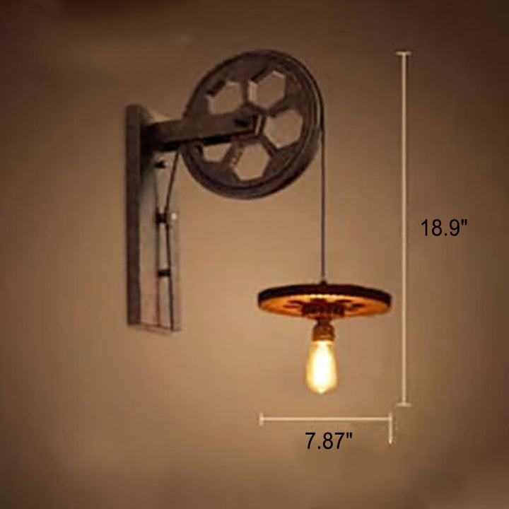 Aplique de pared industrial vintage con polea funcional, lámpara de hierro rústica E27.