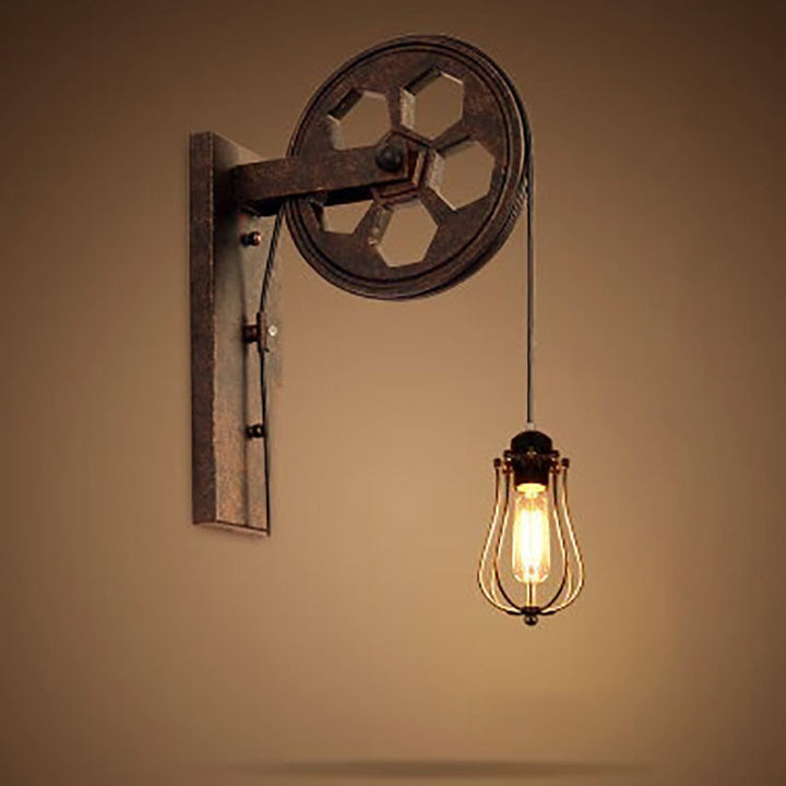 Decoración industrial para hogar: aplique de pared rústico con polea de hierro, luz E27.