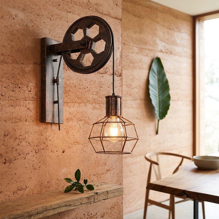 Aplique de pared industrial rústico con polea de hierro, ideal para decoración vintage.
