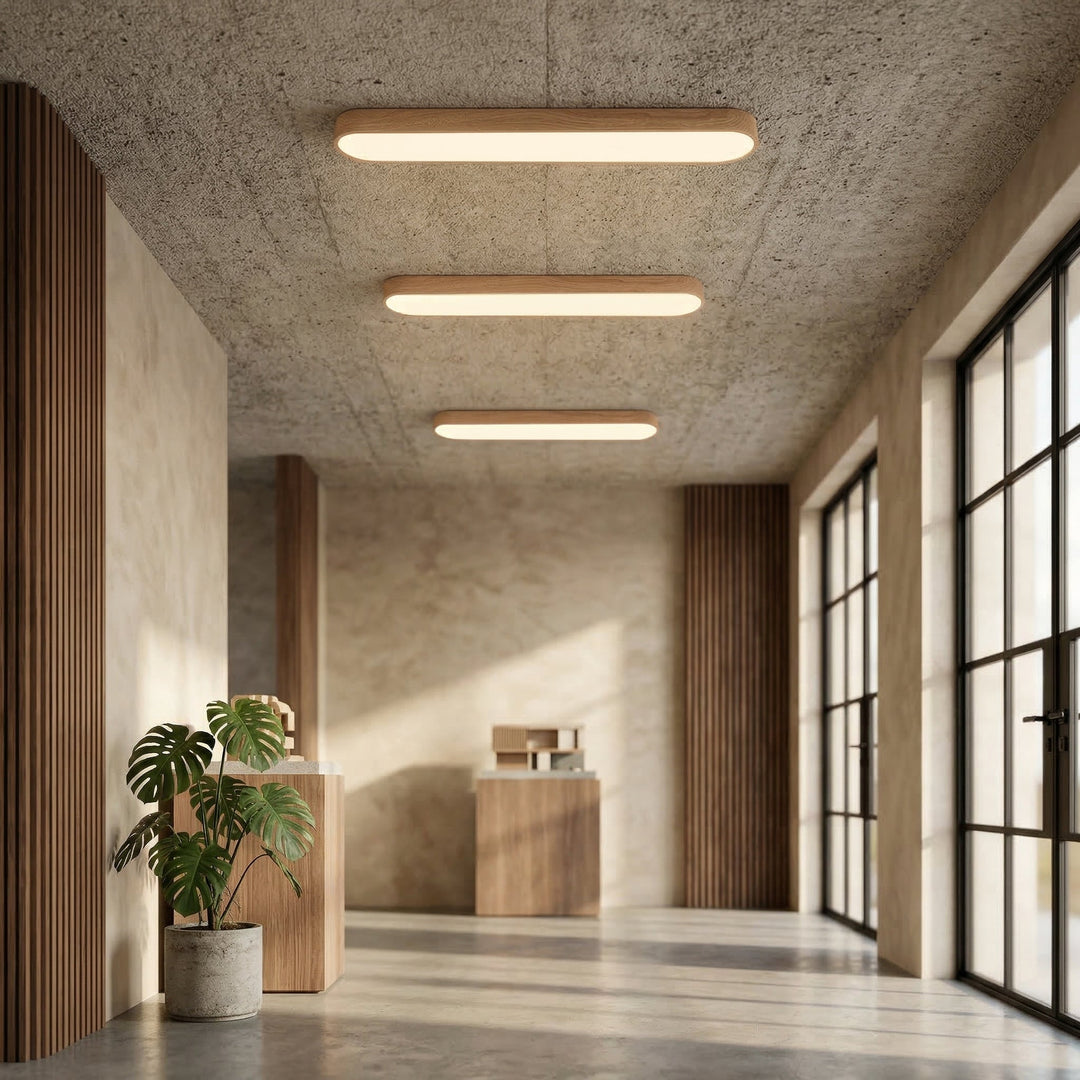 Plafón LED ovalado Japandi, estilo moderno minimalista para techo. Iluminación interior con luz ajustable.