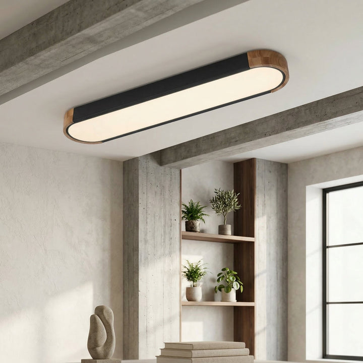 Luz de techo LED ovalada estilo Japandi minimalista, ideal para salones y habitaciones modernas.