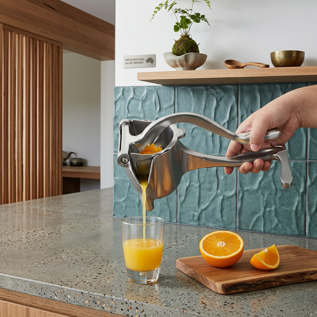 Exprimidor manual de cítricos estilo Japandi, aleación plateada, ideal para cocina moderna.