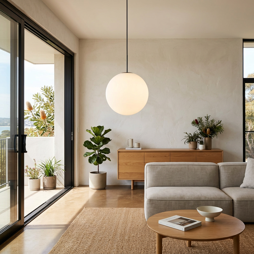 Lámpara colgante minimalista de vidrio esmerilado, esfera nórdica, luz suave para decoración de hogar.