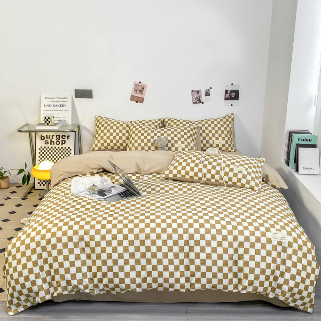 Funda de edredón moderna con estampado de tablero de ajedrez. Ropa de cama geométrica para decoración de dormitorio.