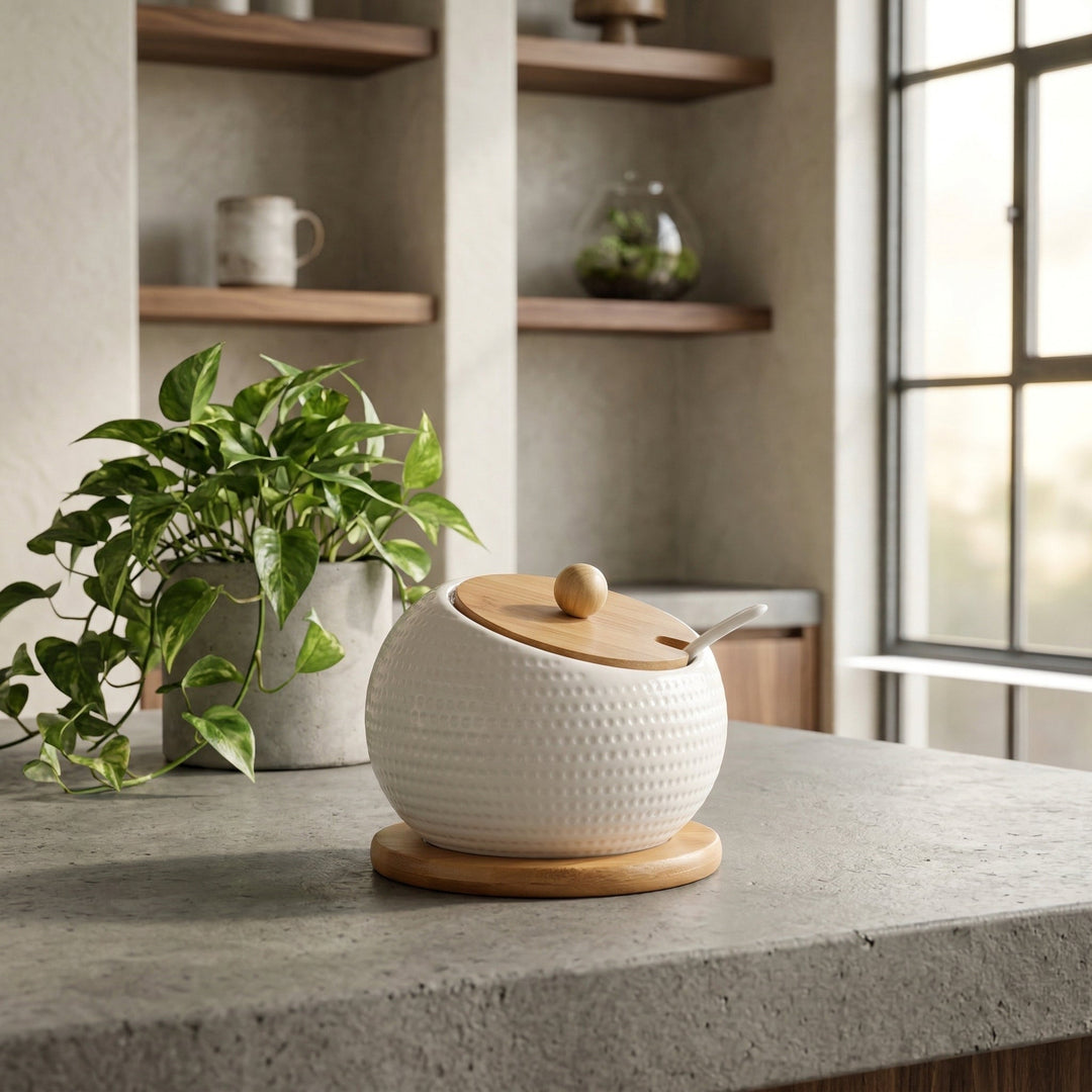 Azucarero moderno con relieve, ideal para almacenamiento de azúcar en cocina y mesa. Estilo nórdico.