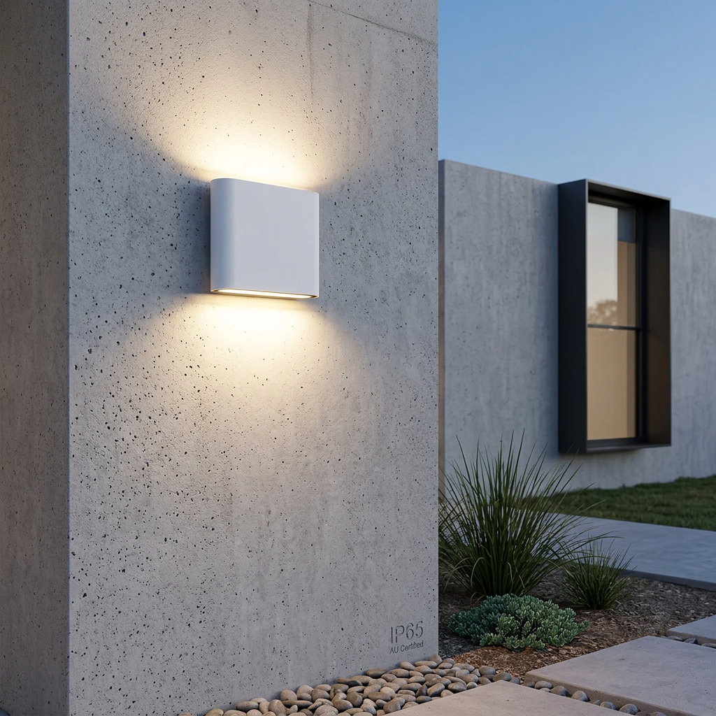 Aplique LED minimalista blanco para pared exterior, luz bidireccional, moderno e impermeable para fachada.