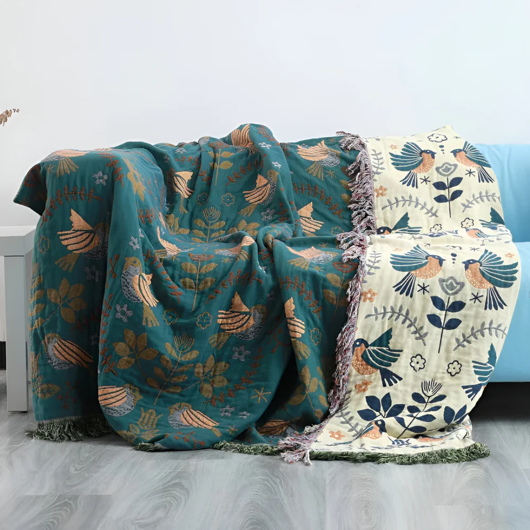 Manta bordada estilo vintage moderno, perfecta para dormitorio o sala. Suaves diseños botánicos.
