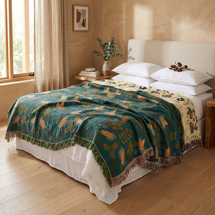 Manta bordada moderna con diseño botánico. Ideal para hogar, sala o dormitorio. Cálida y confortable.