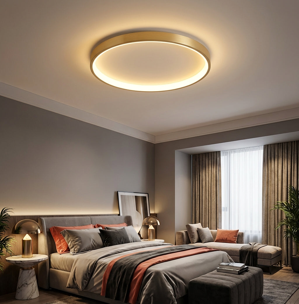 Foco de techo LED redondo moderno con halo de luz, ideal para iluminación interior y diseño minimalista.