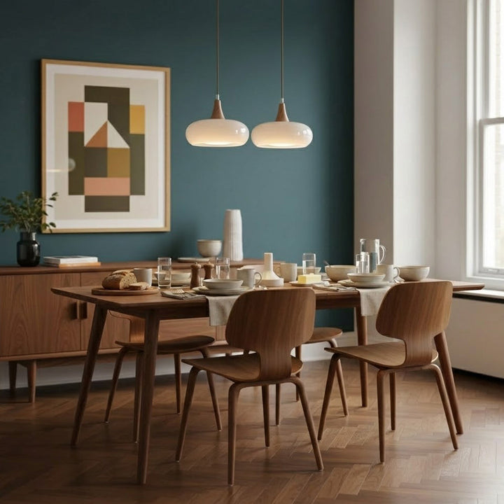 Iluminación de comedor con lámpara colgante de vidrio nórdico y madera.