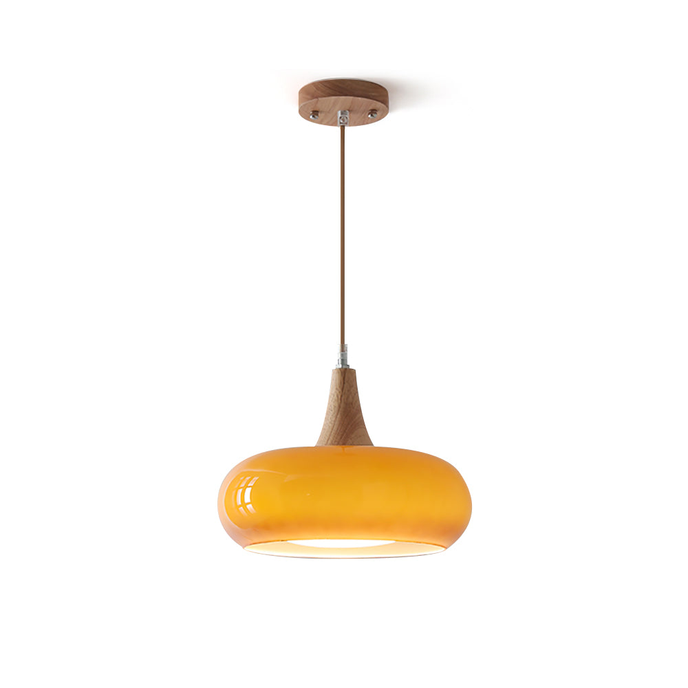Iluminación colgante moderna E27, vidrio transparente y madera natural.