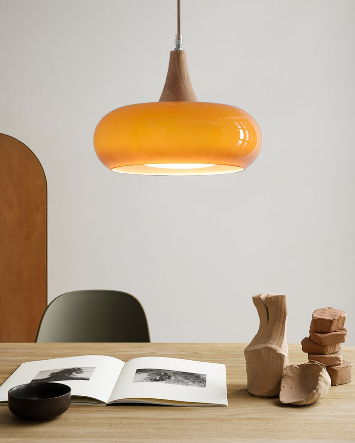 Lámpara de comedor estilo nórdico, colgante de vidrio y madera.