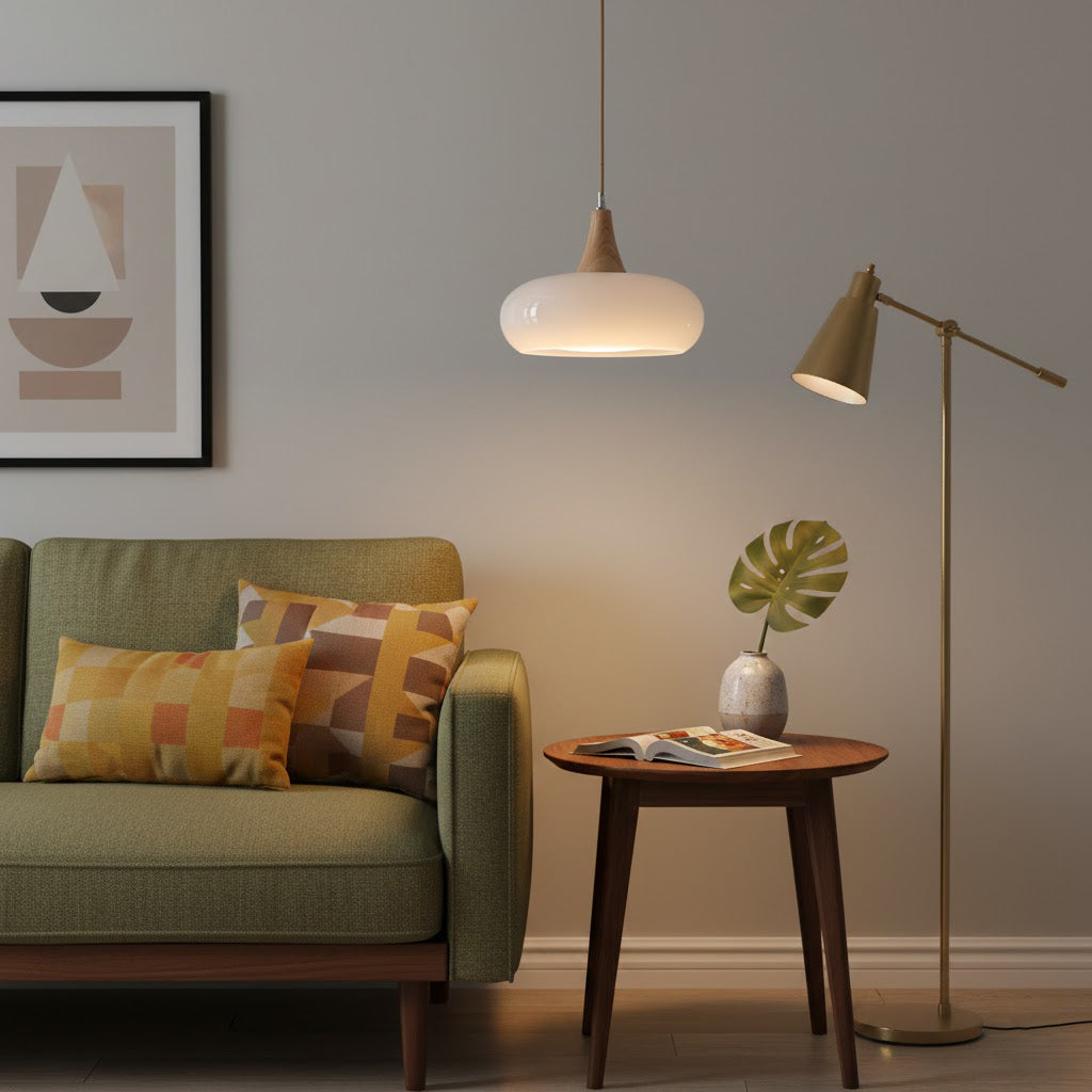 Lámpara nórdica de vidrio y madera, ideal para comedor o cocina, con luz E27.