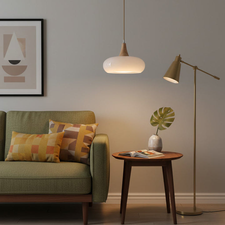 Lámpara nórdica de vidrio y madera, ideal para comedor o cocina, con luz E27.