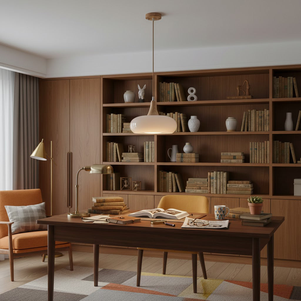 Colgante moderno de diseño escandinavo, vidrio y madera, para ambiente cálido.
