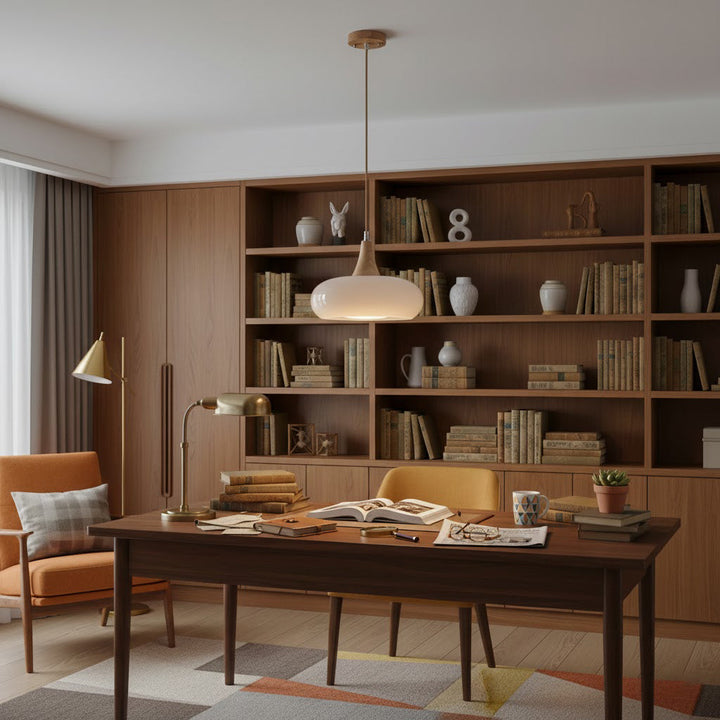 Colgante moderno de diseño escandinavo, vidrio y madera, para ambiente cálido.