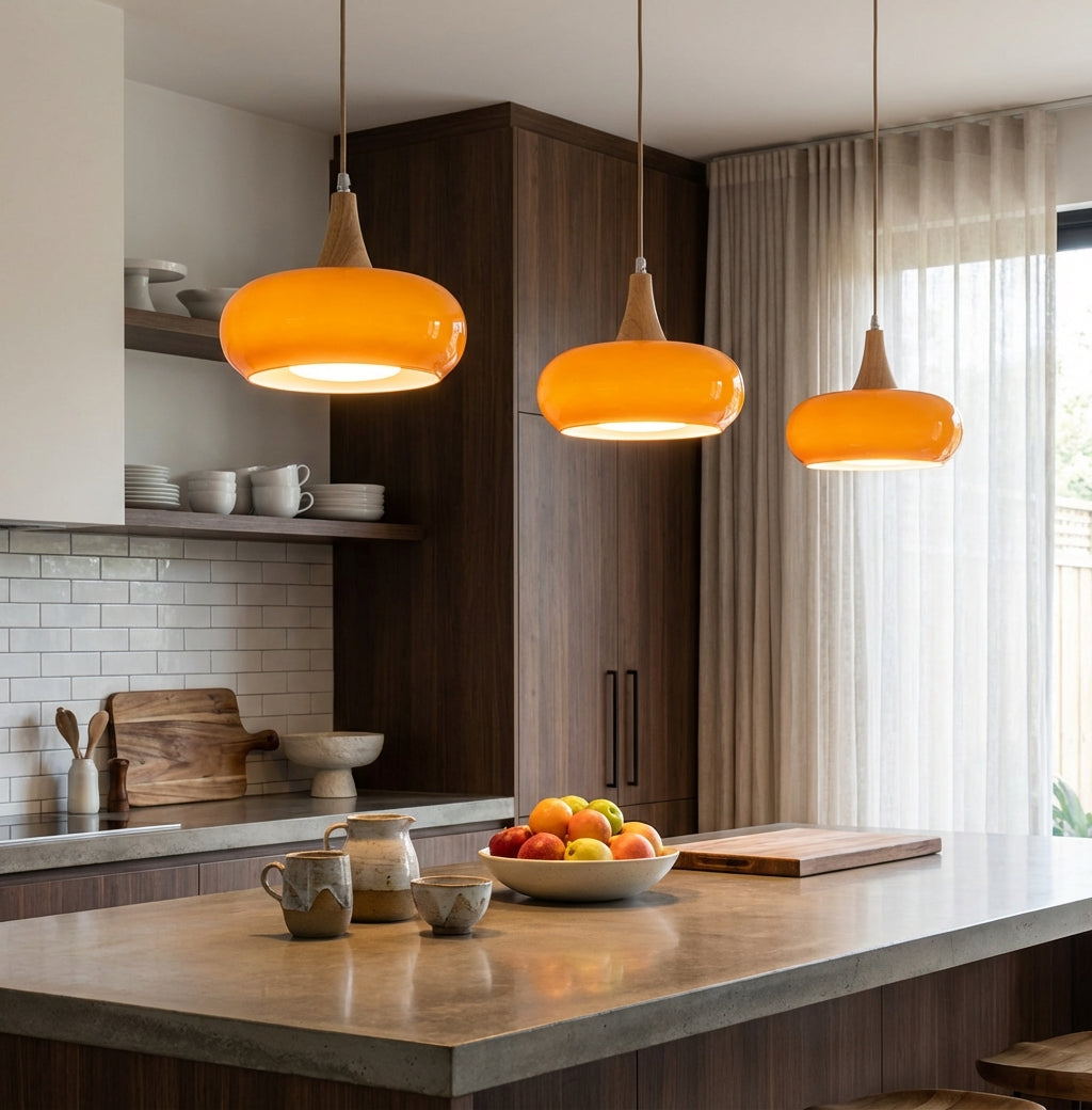Lámpara colgante nórdica de vidrio y madera para comedor moderno.