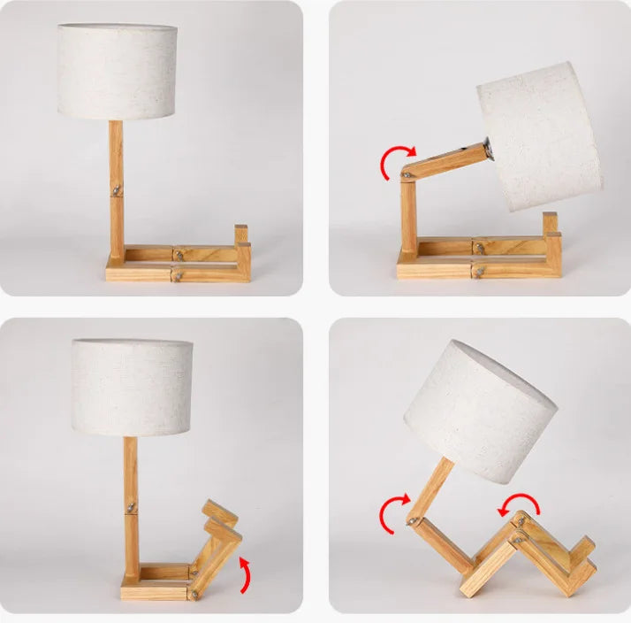 Iluminación decorativa: lámpara de mesa de madera articulada con pantalla de tela. Perfecta para el dormitorio.