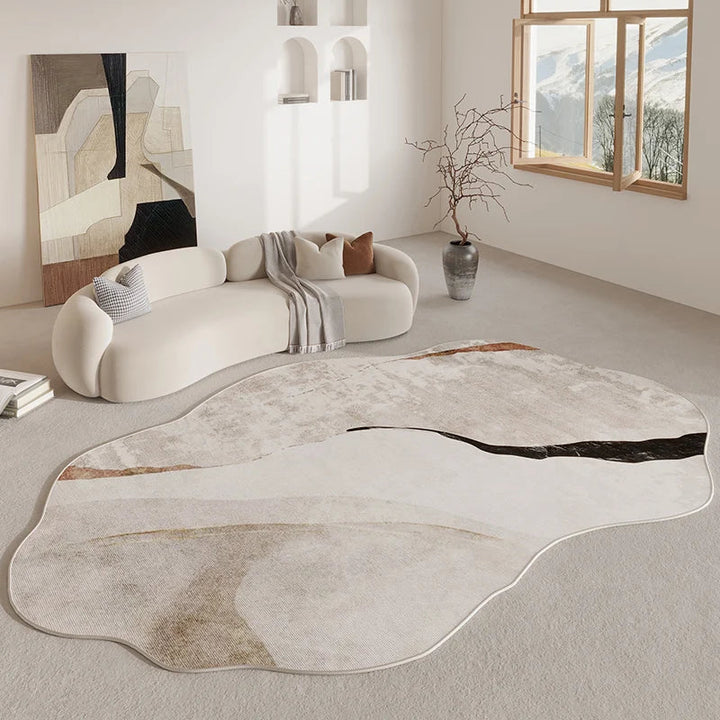 Alfombra irregular moderna con patrón abstracto de acuarela, estilo retro, ideal para espacios contemporáneos.