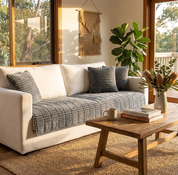 Manta de sofá suave con borde volante decorativo, protege muebles y añade estilo chic al salón.
