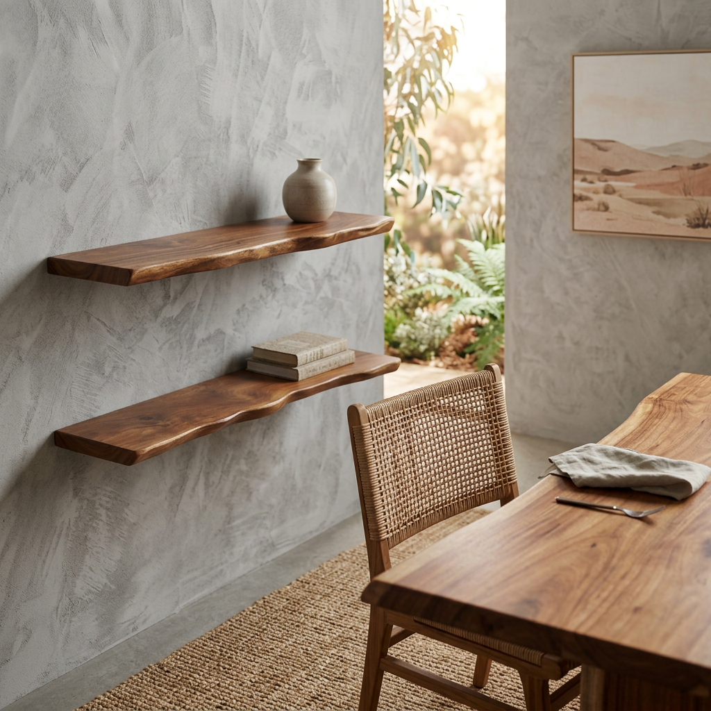 Estante flotante rústico de madera dura, perfecto para exhibir decoración en cualquier espacio del hogar.