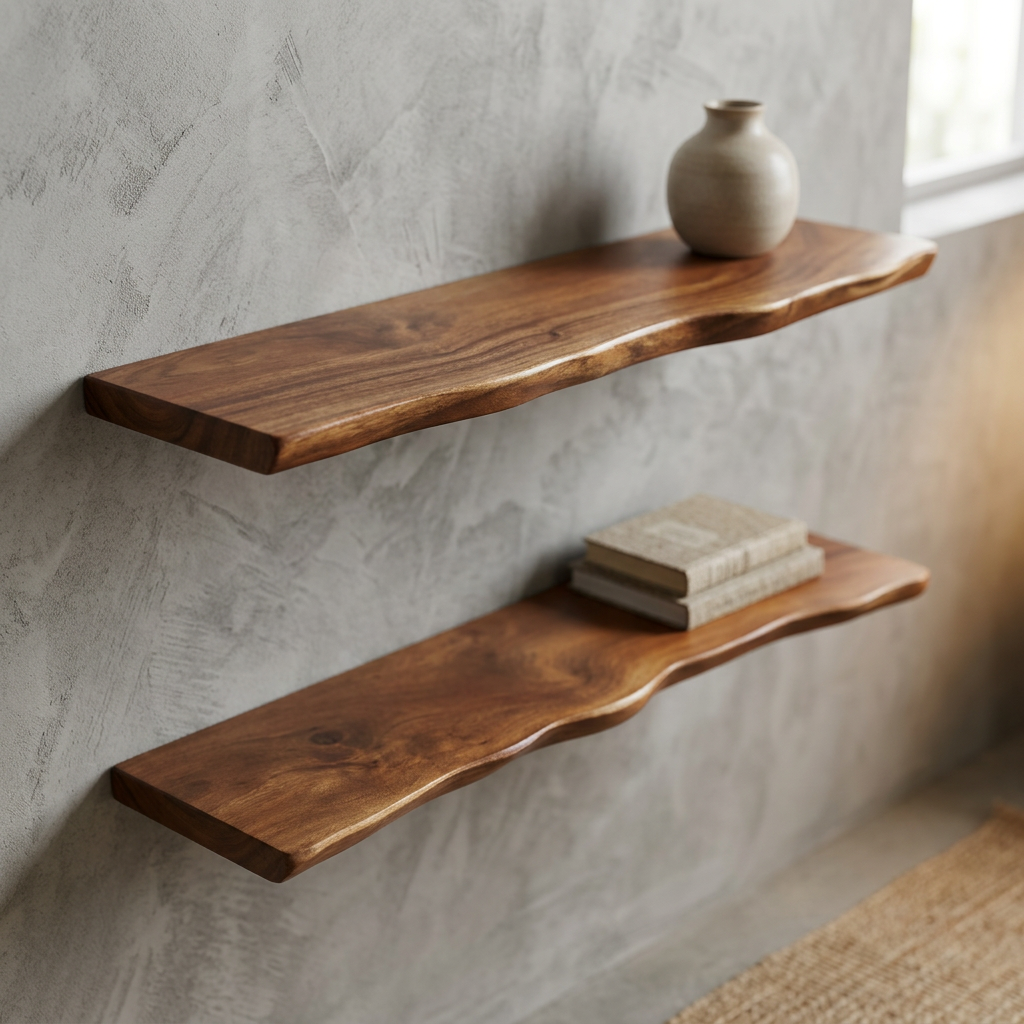 Estante de pared rústico de madera dura con borde vivo, ideal para decoración natural del hogar.