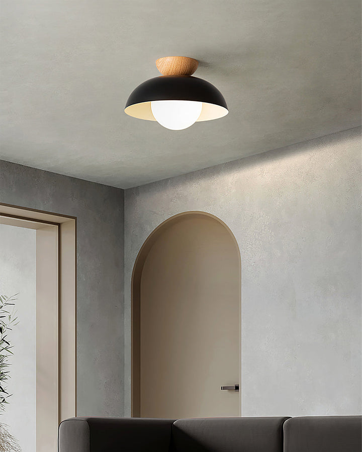 Luminaria de techo moderna, forma redonda, detalles en metal y vidrio, diseño nórdico para interiores.