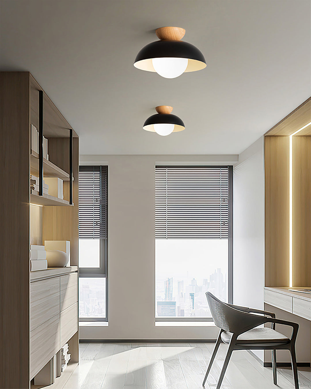 Luz moderna de techo, escandinava, con pantalla redonda de vidrio y base de metal.