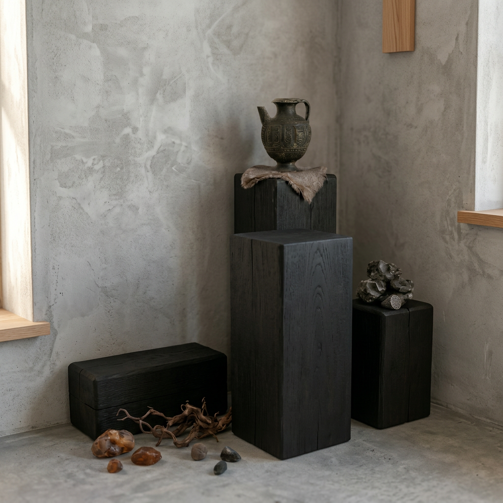 Pedestal escultural negro con acabado único, para exhibir arte. Soporte de diseño moderno para decoración del hogar.