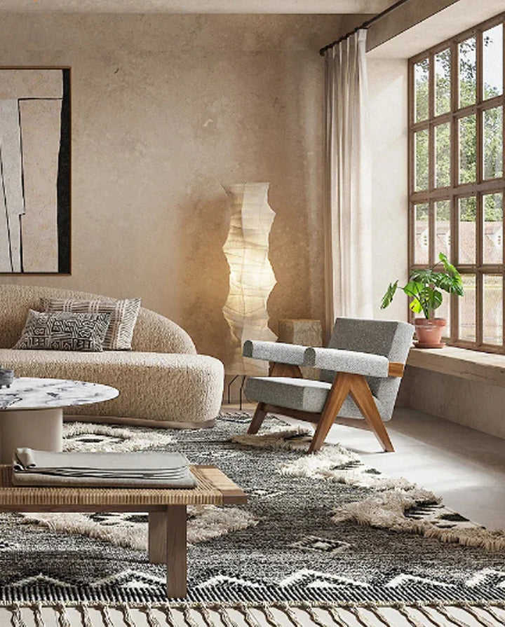 Lámpara de suelo decorativa, estilo Wabi-Sabi de papel de arroz para iluminación ambiental zen y minimalista.
