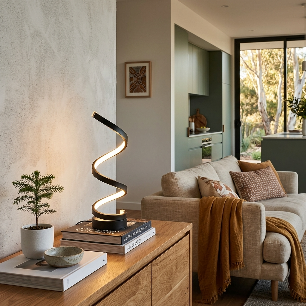 Lámpara de mesa LED escultural en espiral, diseño moderno y minimalista para decoración del hogar.