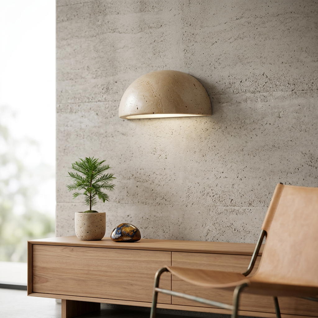 Aplique LED semicircular de piedra, diseño moderno para iluminación indirecta del hogar.