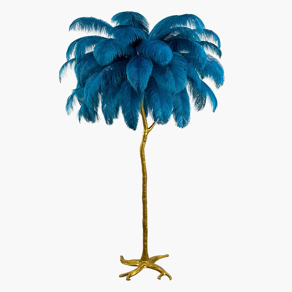 Lámpara de pie moderna, plumas de avestruz y luz LED. Diseño escultural de lujo, 16 colores.