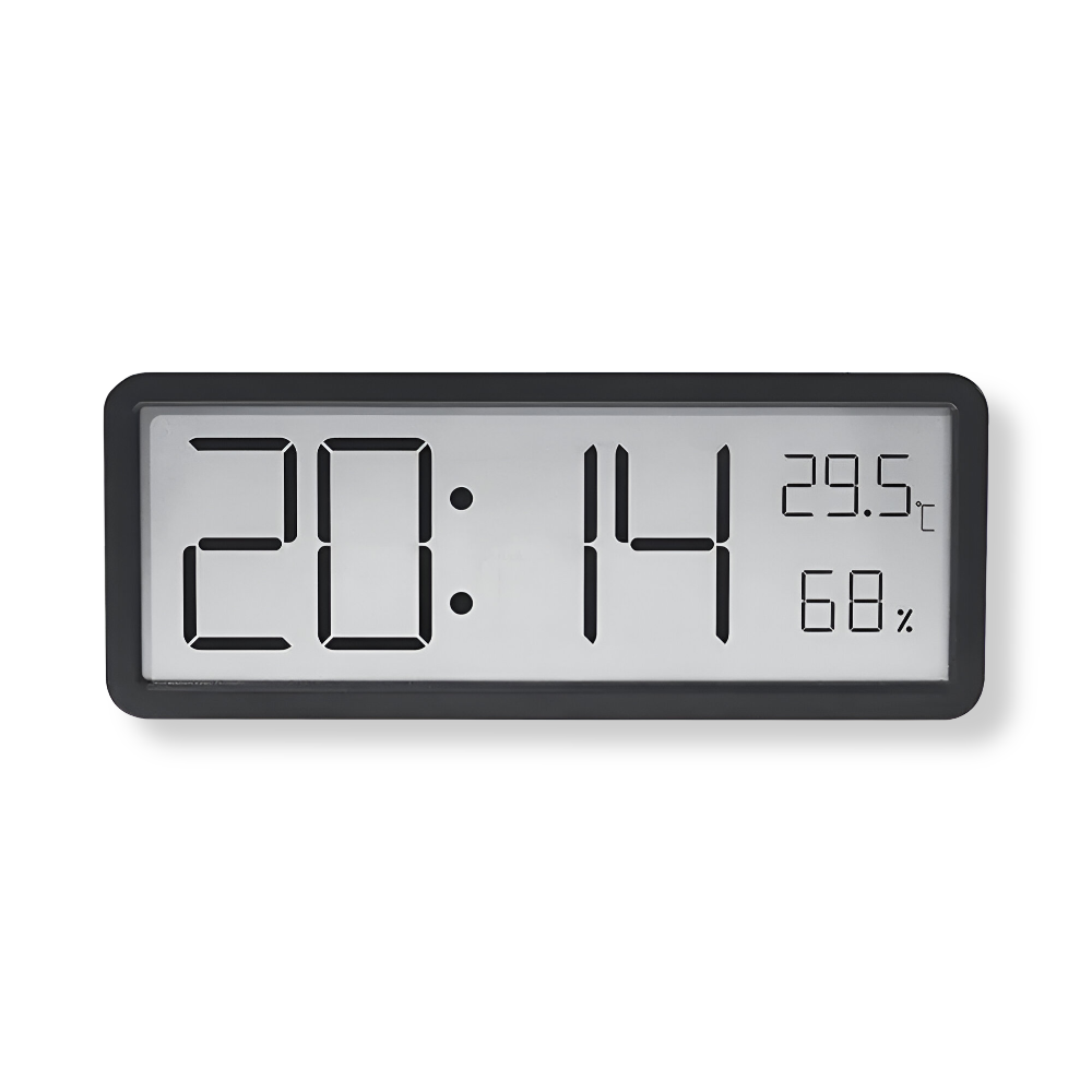 Display LED brillante de reloj digital de pared, mostrando hora, temperatura y humedad. Visibilidad clara.