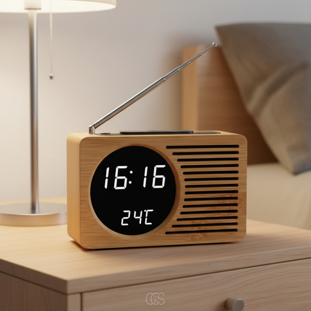 Despertador digital de madera estilo nórdico con radio FM, ideal para decoración de hogar moderno.