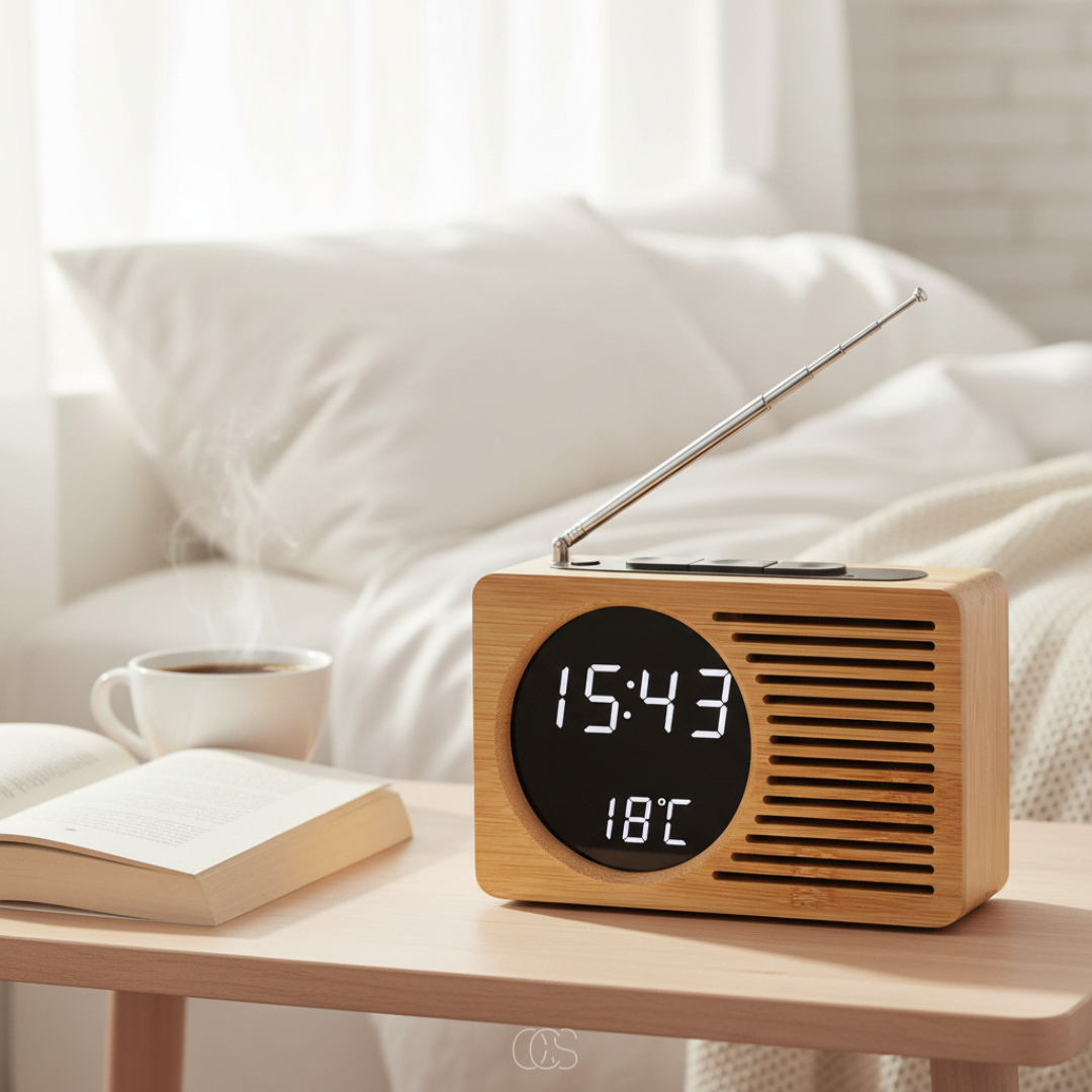 Reloj digital de madera multifunción: radio FM, puerto USB y pantalla de temperatura. Perfecto para el hogar.